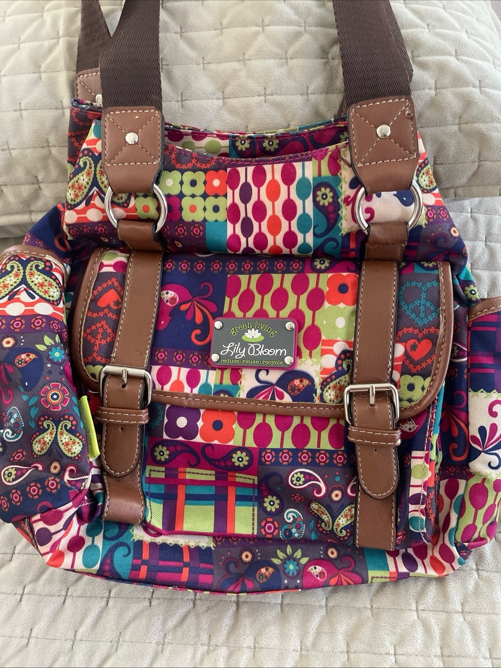 Lily Bloom Multicolor Patchwork Floral & Paisley Backpack with Brown Trim